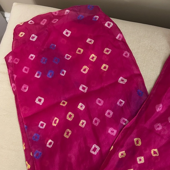 Vibrant Pink Silk Scarf with Colourful Squares, Made in India - Picture 3 of 7
